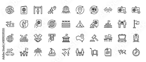 Migration and travel line icon set. Vector pictograms of passport, globe, airplane, border, luggage, legal, family, map, thin linear illustration.