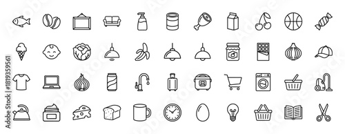 Daily life and shopping line icon set. Vector pictograms of sofa, coffee, fish, baby, laptop, bread, egg, washing machine, shopping cart, thin linear illustration.