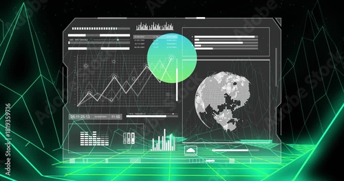Appearing over neon grid holo panel pulsing halftone globe turning line chart climbing to mark peak