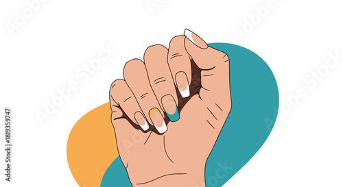 Illustration of a woman's hand with modern French tip manicure, featuring yellow and teal accent nails, against a colorful abstract background.