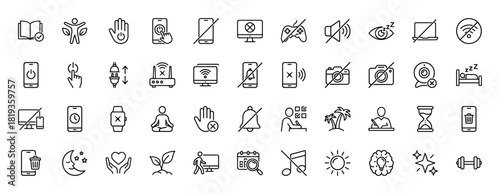 Digital detox and wellness line icon set. Vector pictograms of no phone, Wi-Fi off, sleep, meditation, fitness, healthy habits, and relaxation, thin linear illustration.