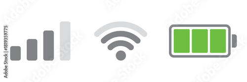 Mobile phone status bar icon set. Phone signal, wi-fi and battery icon. Smartphone status bar phone signal, wi-fi and battery icon for app, ui and web. Vector for mobile phone. 