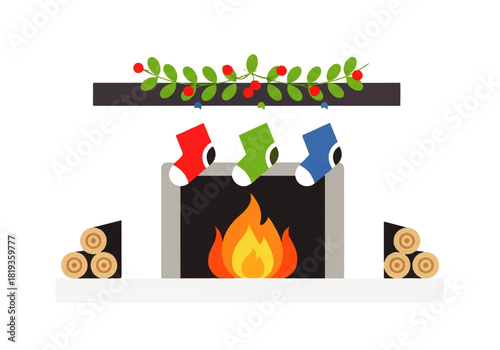 Illustration of a fireplace with stockings and a garland, logs on either side, and a fire burning inside.