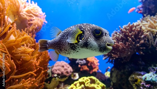 Fototapeta Naklejka Na Ścianę i Meble -  Pufferfish with mottled skin swims in bright blue water surrounded by orange and red coral reef in a tank