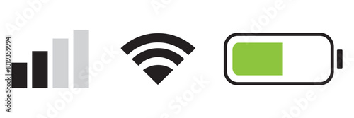 Mobile phone status bar icon set. Phone signal, wi-fi and battery icon. Smartphone status bar phone signal, wi-fi and battery icon for app, ui and web. Vector for mobile phone. 