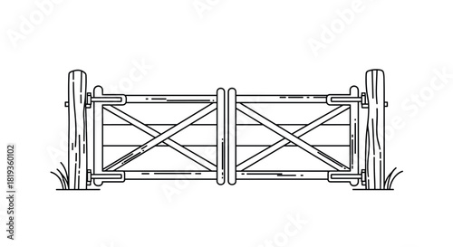 Outline illustration of a rustic double wooden gate, featuring cross-bracing and strong posts, ideal for a farm or garden entrance.