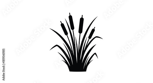 A minimalist silhouette illustration of a cluster of cattail plants with long slender leaves and distinct brown seed heads.