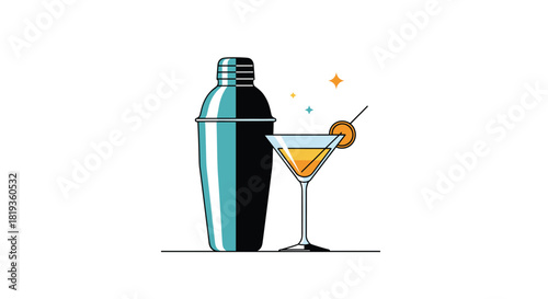 A crisp vector illustration of a cocktail shaker and a martini glass with a vibrant drink, garnished with a citrus slice and sparkling elements.