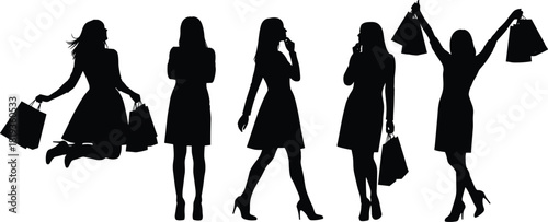 Dynamic Black Women Shopping Silhouettes Collection, Celebrating Retail Consumerism, Fashion, and Excitement: Isolated Female Figures Jumping, Talking, and Posi