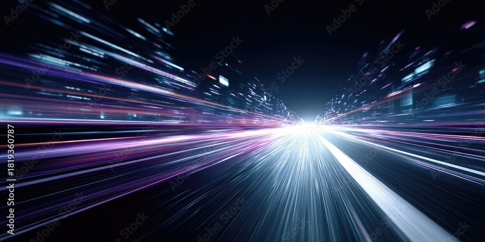 Obraz premium Speeding along a road in the dark, abstract streaks of light, motion blur