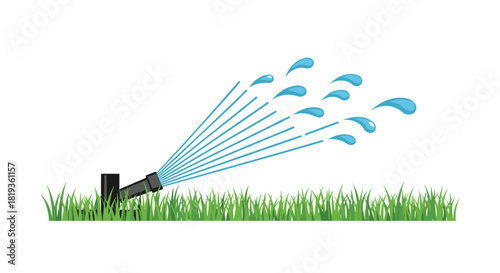 An automatic lawn sprinkler watering lush green grass with a spray of blue water droplets, depicting modern irrigation.