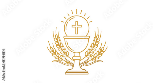 Golden outline illustration of a Christian chalice and host with a cross, surrounded by wheat, symbolizing Holy Communion.