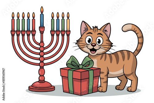 A cheerful cartoon cat stands beside a menorah and a gift box.