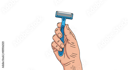 A person's hand, depicted in an illustrative style, holds a blue disposable razor, ready for grooming or personal care.