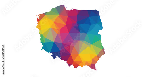 Colorful low poly map of Poland with a vibrant geometric design representing the country's shape and borders.