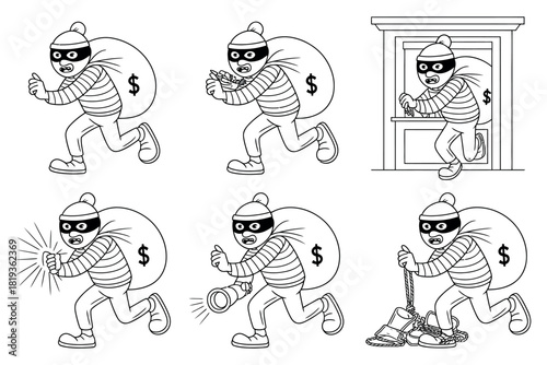 A cartoon burglar is shown in multiple poses, caught in the act and on the run with a sack of loot.