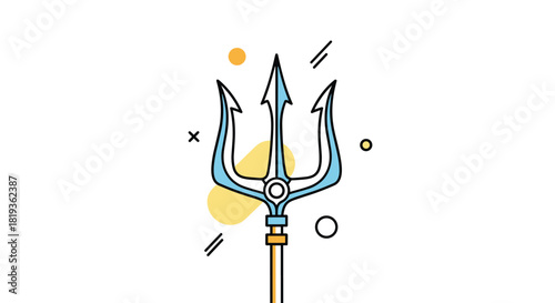 Modern flat design illustration of a blue and gold trident, a classical symbol for sea gods and power, surrounded by abstract geometric shapes.