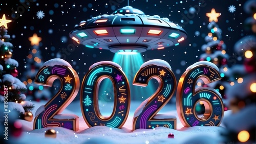 Neon 2026 New Year scene with UFO and decorated Christmas trees in snowy night.
