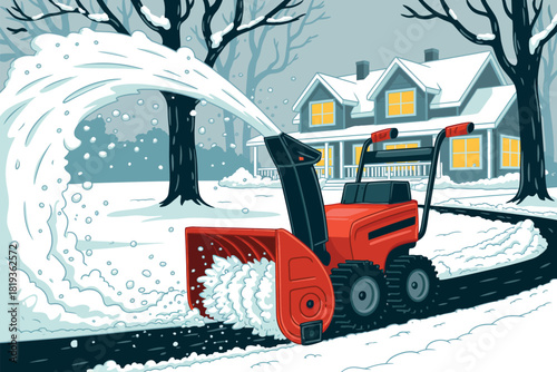 A red snow blower clears a driveway in front of a snow-covered house.