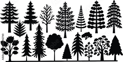 Collection of diverse tree silhouettes featuring various coniferous and deciduous shapes, nature design elements