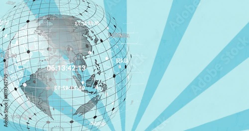 On play 3D globe rotating, revealing regions, animating nodes and overlays, settling to show trends