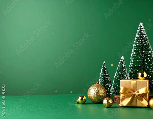 A stylish Christmas scene featuring a gold ribbon wrapped gift, tiny frosted trees, and gold ornaments set against a rich green backdrop, conveying festive warmth and New Year