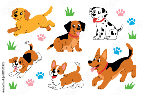 A collection of cartoon dogs of various breeds and colors are depicted happily playing on a white background.