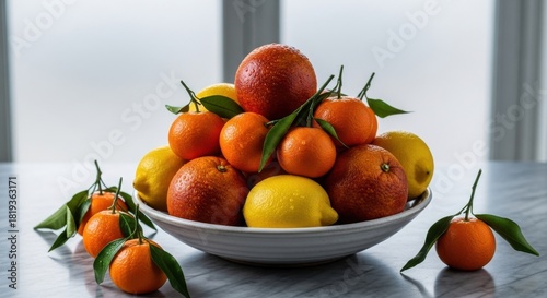 Fototapeta Naklejka Na Ścianę i Meble -  Fresh bowl of citrus fruits including oranges and lemons on a table