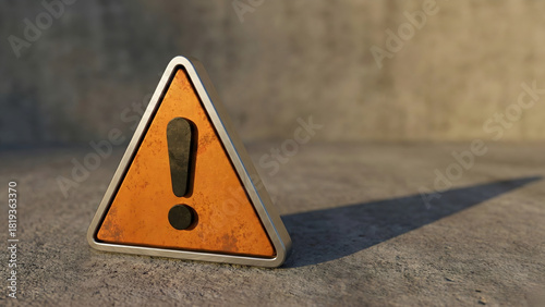 Orange warning sign with an exclamation point casting a shadow on a concrete surface, a caution symbol