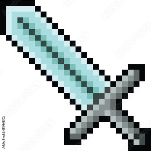 Pixelated Diamond Sword with Blue Blade and Silver Hilt on Transparent Background
