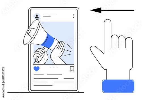 Social media marketing. Social media highlighting audience engagement through a megaphone symbol and interaction icons. Social media connecting users, brands, and followers. Great for digital