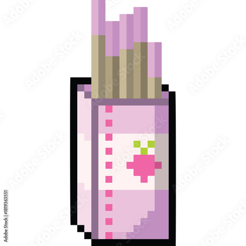 Pixel Art Illustration of a Pink Snack Box with Strawberry Design and Purple Topped Sticks on a Transparent Background