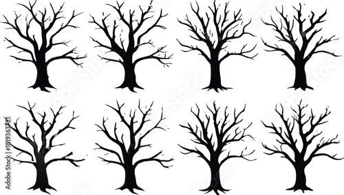 Collection of diverse bare tree silhouettes with intricate branches, perfect for graphic design elements
