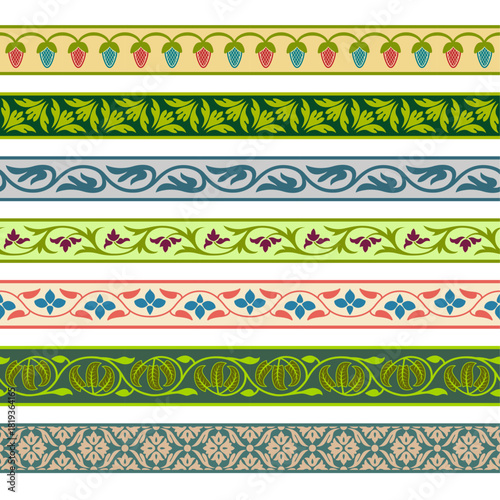 Set of colorful seamless floral borders, horizontal brushes. Indian art legacy. Indian, Arabic, Middle East classic style. Suzani style. 