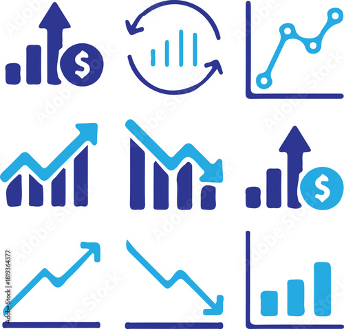growth busses graph multi style bule icons set vector design art