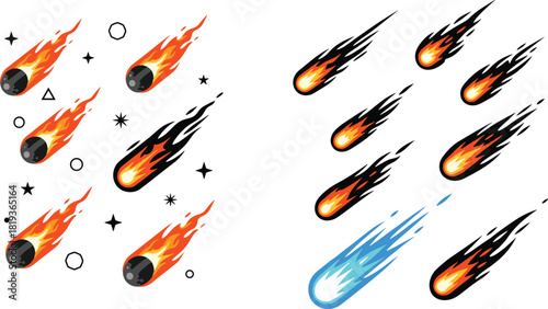 Meteor illustration set, fiery comets, space elements, geometric accents, stylized flames, cosmic impact, sci-fi concept, flat vector illustration