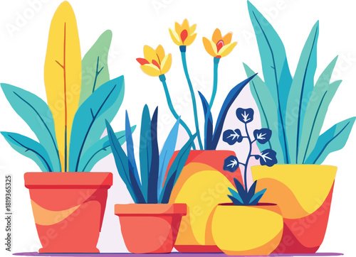 Vsai various potted houseplants and flowers creating a lush garden