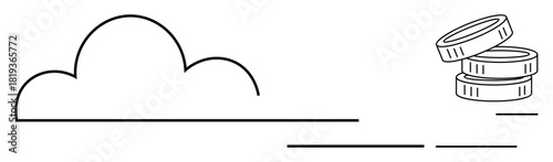 Cloud outline connected to stacks of coins, representing cloud storage, savings, and monetization. Ideal for technology, finance, cloud computing, business growth, digital finance investments