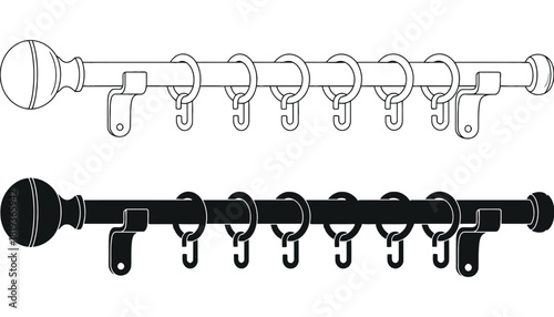 Curtain rod with rings and brackets vector illustration set