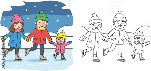 Cute cartoon family ice skating in winter, coloring book page for kids with colored example and outline, vector illustration of happy parents and child on ice rink.