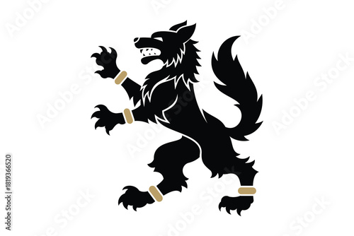 A bold heraldic rampant wolf silhouette with subtle gold accents, designed in a classic emblem style. Perfect for crests, insignias, branding, and medieval-themed graphic resources.