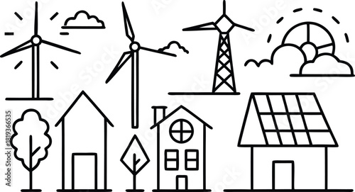Green energy and sustainable living line art icons set. renewable power sources and eco-friendly homes.