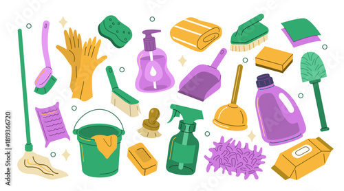 Cleaning products vector illustration set. Collection of mop, bucket, sponges, brush, spray bottle, detergent, gloves, cloth and other various household elements.
