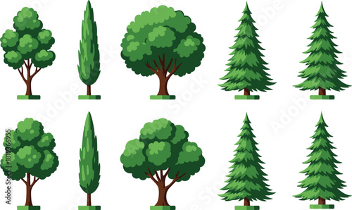 Stylized tree collection, foliage variety, conifer shapes, broadleaf canopy, evergreen design, nature icons, forest diversity, flat vector illustration