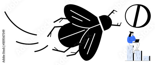 Giant fly moving past a coffee bean and a woman working on a laptop seated on skyscrapers. Ideal for productivity, work-life balance, creativity, surrealism, focus, modern workspaces, simple flat