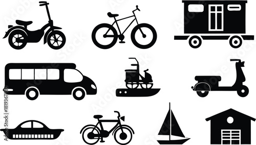 Diverse transportation silhouettes collection, iconic black vector images for various travel concepts and modes.