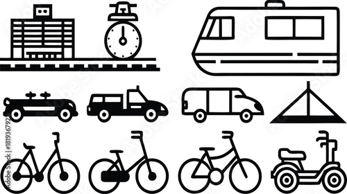 Diverse transportation vector icons: trains, cars, bikes, scooters, delivery van, travel time