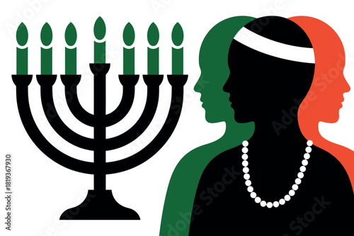 Kinara and silhouettes of people representing Kwanzaa celebration and heritage.