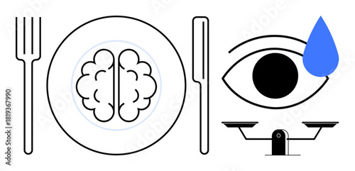 Brain on a plate with fork and knife, large eye with teardrop, and balanced scales. Ideal for mental health, emotional balance, mindfulness, stress, psychology choices and balance themes. Simple