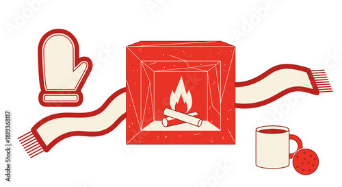 Illustration of a fireplace with a scarf, mitten, mug, and cookie nearby
